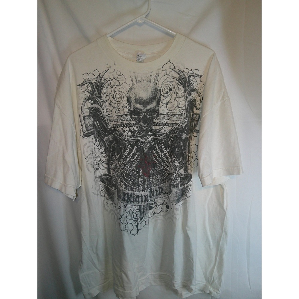 Vintage Y2K Miami Ink Graphic T-Shirt Skull Skeleton Roses‎ Tattoo Art XXL